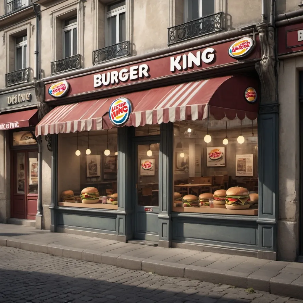 Prompt: photorealistic, (france surrender to burger king), solemn atmosphere, muted colors, historical significance, sad expression, detailed storefront, empty streets, soft illumination, newspaper pictures 