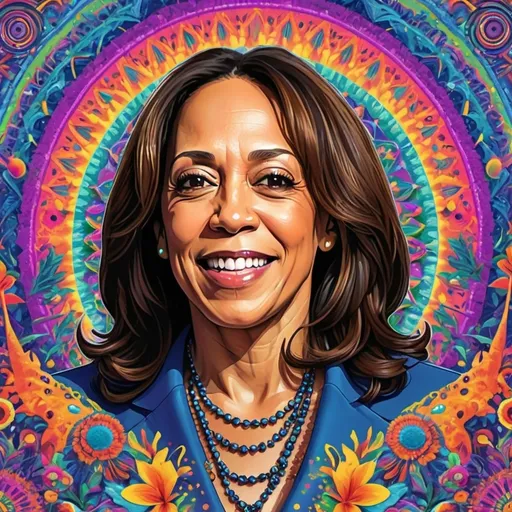 Prompt: Kamala Harris on a vibrant poster for a psychedelic festival, (trippy effects) swirling colors, kaleidoscopic patterns, high-energy ambiance, featuring themes of music and nature, bright neon hues, intricate designs, boldly capturing the festival spirit, engaging and captivating visuals, (highly detailed) digital art, dynamic composition, evoking a euphoric feeling, (ultra-detailed) and mesmerizingly artistic.