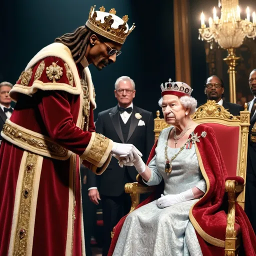 Prompt: (The Queen of England knighting Sir Snoop Dogg), majestic scene, regal atmosphere, (historical elegance), intricate details, opulent attire, lavish theater, vibrant colors, luxurious royal garments, sparkling ceremonial attire, golden accents, striking contrast, a crowd in awe, (ultra-detailed), (4K), dramatic lighting illuminating the moment, a timeless blend of royalty and celebrity culture.