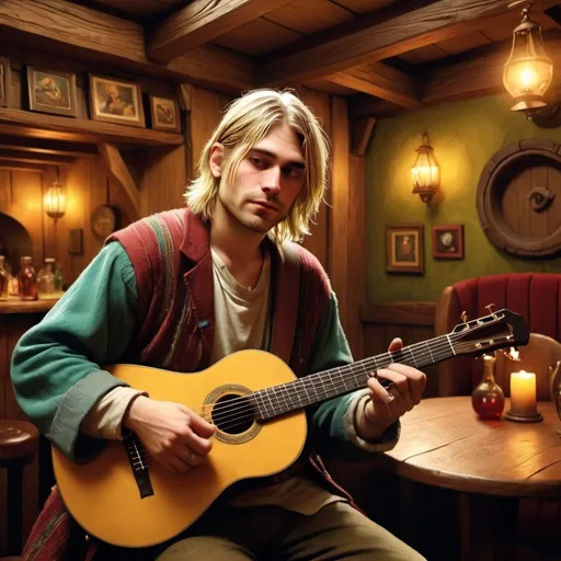 Prompt: Kurt Cobain as a (fantasy bard), vibrant colors, (playing a lute) in a cozy tavern, detailed instruments and decor, (warm and inviting ambiance), soft tavern lighting, lush fabrics and wooden accents, (magical atmosphere), patrons enjoying music, (HD quality), whimsical elements around him, enhanced depth and color saturation creating a captivating scene.