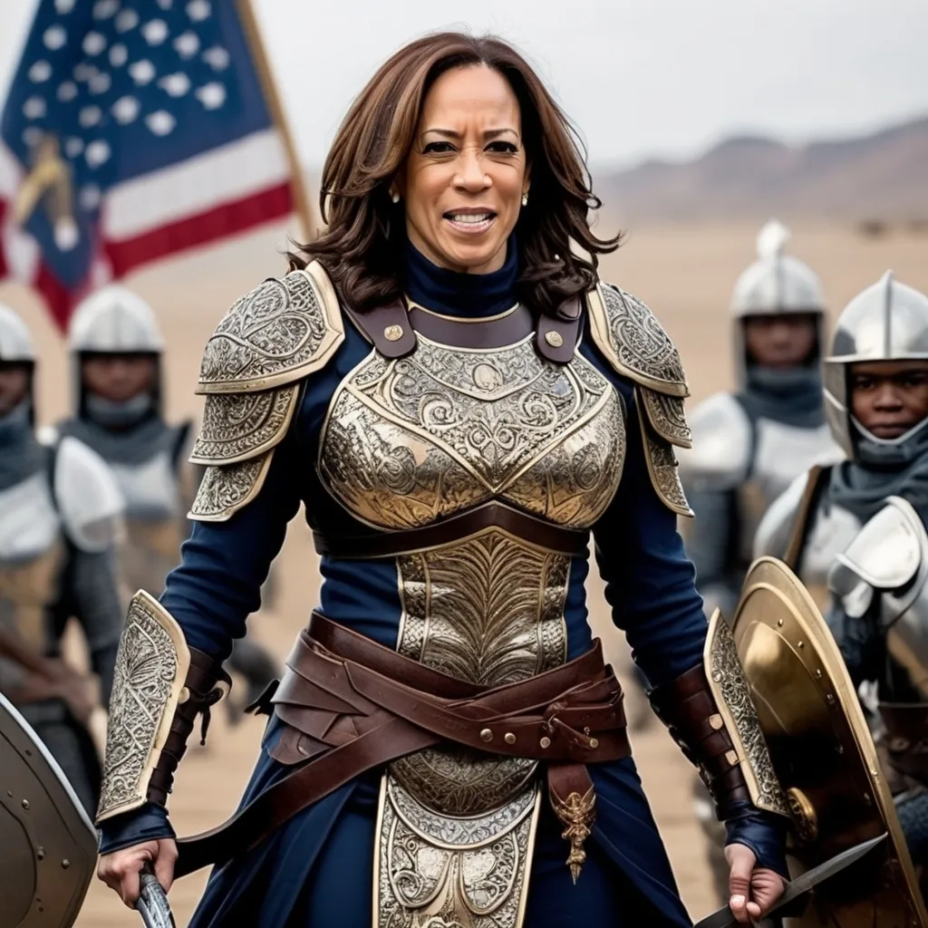 Prompt: Kamala Harris, Illustrate a formidable female warrior leading her troops into battle. She should be dressed in ornate armor, wielding a weapon that signifies her prowess in combat. The battlefield should be intense, with her standing strong and commanding, surrounded by her loyal soldiers."
