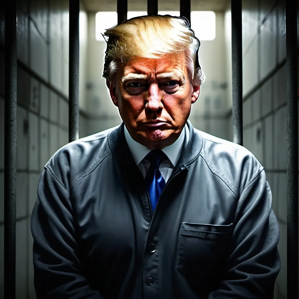 Prompt: (detailed portrayal of Donald Trump in a prison jumper), somber expression, surrounded by concrete cell walls, cool tones, cinematic lighting, high contrast shadows, evoking a sense of confinement, ultra-detailed, realistic textures of fabric, atmospheric mood hinting at reflection and regret, focusing on facial features and gestures, compelling composition