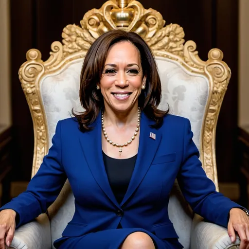 Prompt: Kamala Harris
Depict a powerful queen or empress seated on a grand throne. She should wear regal attire with intricate details, a crown that symbolizes her authority, and a stern yet graceful expression. The throne room should be opulent, with banners, chandeliers, and courtiers bowing in respect."