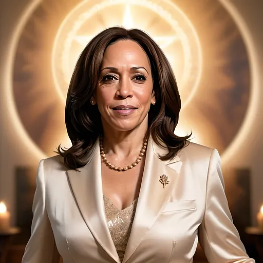 Prompt: photorealistic, (Kamala Harris) depicted as a goddess, emanating a subtle holy glow, vibrant color scheme, radiant skin tones, warm lighting, ethereal atmosphere, intricately detailed facial features, dignified expression, flowing attire, captivating background illuminated with soft glimmers, high definition, ultra-detailed, divinely inspiring ambiance.