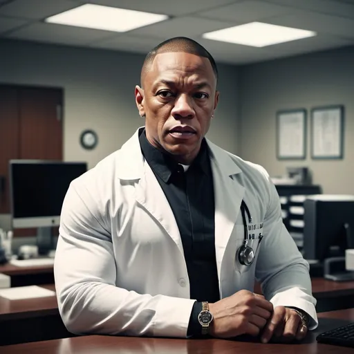 Prompt: (doctor rapper Dr. Dre), (dressed in a doctor's outfit), (standing confidently in an office), hospital environment, sleek desk and modern equipment, warm lighting, dynamic atmosphere, emotion of authority, high-detail facial expression, professional yet stylish attire, contrasting colors, urban vibe, 4K resolution, cinematic quality.