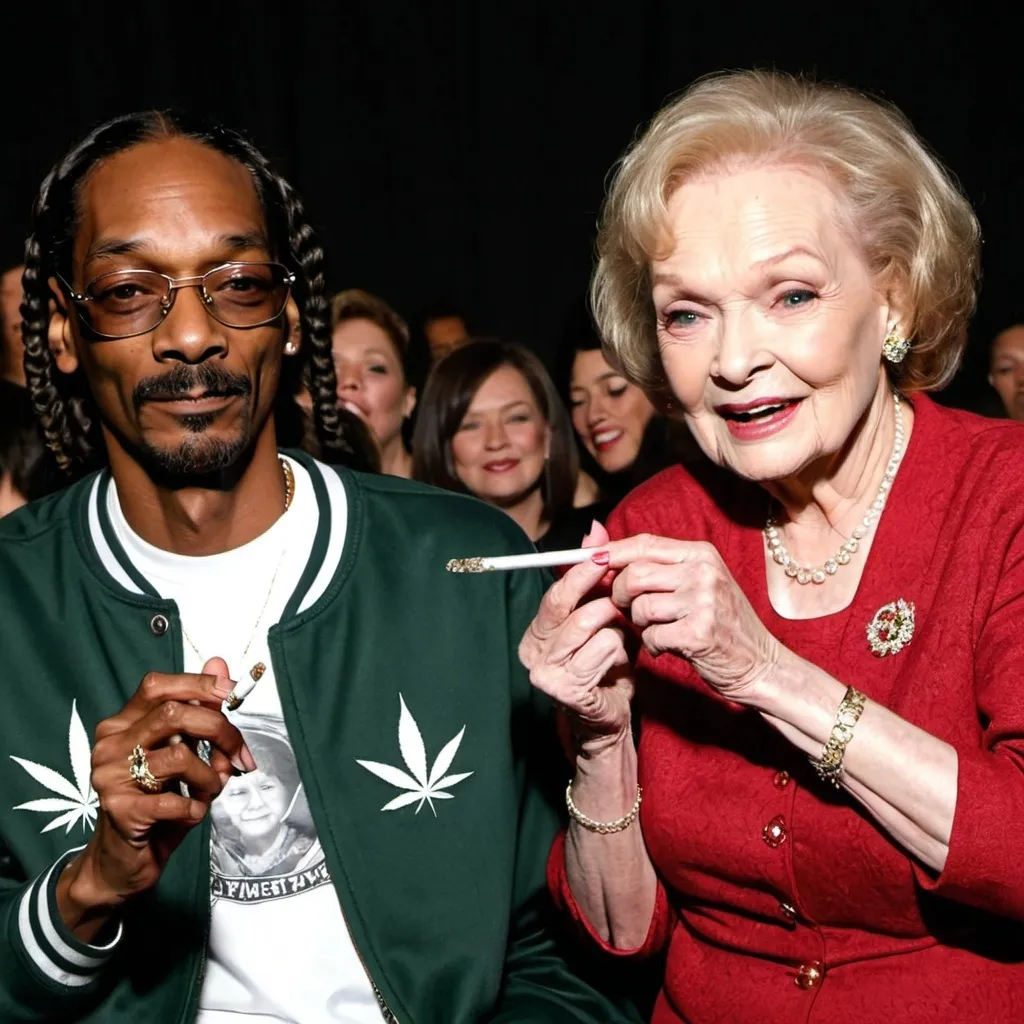 Prompt: Snoop Dogg and Betty White start to have a marijuana cigarette