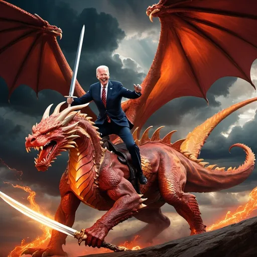 Prompt: (adventurous scene of Joe Biden riding a colossal dragon), wielding a (gleaming long sword), dynamic action pose, fierce expression, atmosphere of excitement and valor, dramatic clouds swirled in a stormy sky, fiery hues of orange and red lighting, ultra-detailed, high-quality, epic fantasy setting, capturing a moment of daring battle, ideal for a thrilling visual narrative.