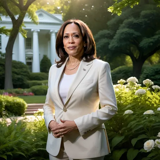 Prompt: (Kamala Harris with a subtle holy glow), standing in the White House garden, bathed in a radiant beam of sunlight, serene expression, surrounded by lush green foliage, vibrant flowers in bloom, soft ethereal lighting, creating a heavenly atmosphere, emphasizing her presence, highly detailed, with a captivating backdrop of classical architecture, ultra-detailed, high-quality image, enchanting and inspiring ambiance.