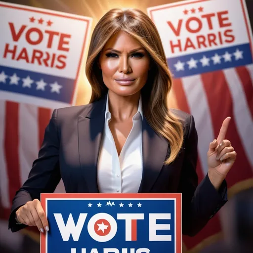 Prompt: (concept of Melania Trump), (photorealistic portrait), expressive facial features, engaged and motivational pose, holding a "Vote Harris" sign, vibrant colors, warm lighting, emotionally uplifting atmosphere, encouraging vibe, modern setting, dynamic composition, ultra-detailed, HD quality, emphasizing civic engagement and importance of voting.