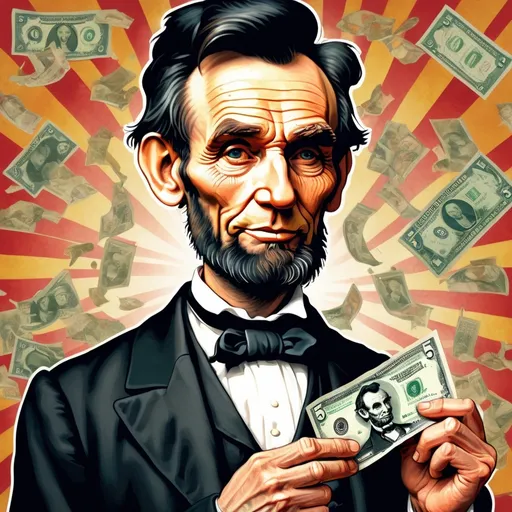 Prompt: (Abe Lincoln holding a five-dollar bill), (bill with his face prominently featured), whimsical, humorous scene, vibrant colors, high contrast, detailed background of historical significance, (illustrative style), playful atmosphere, ultra-detailed, fun composition, showcasing the iconic figure in a creative context, warm lighting, and imaginative elements.