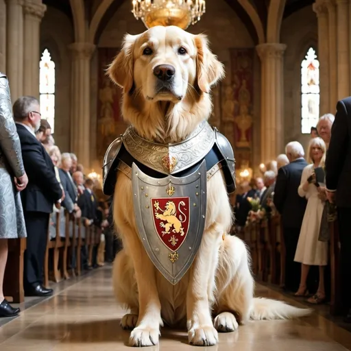 Prompt: Ceremonial Knight: In a grand hall filled with banners and knights, a golden retriever proudly walks down the aisle, its silver and steel armor catching the light of the chandeliers. The armor is ornate, with a lion's head engraved on the breastplate, symbolizing courage. The retriever carries a small banner in its mouth, representing its knightly order.