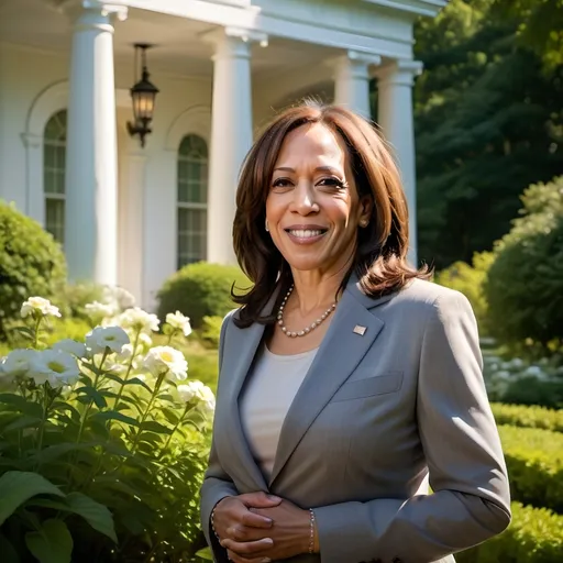 Prompt: (Kamala Harris with a subtle holy glow), standing in the White House garden, bathed in a radiant beam of sunlight, serene expression, surrounded by lush green foliage, vibrant flowers in bloom, soft ethereal lighting, creating a heavenly atmosphere, emphasizing her presence, highly detailed, with a captivating backdrop of classical architecture, ultra-detailed, high-quality image, enchanting and inspiring ambiance.