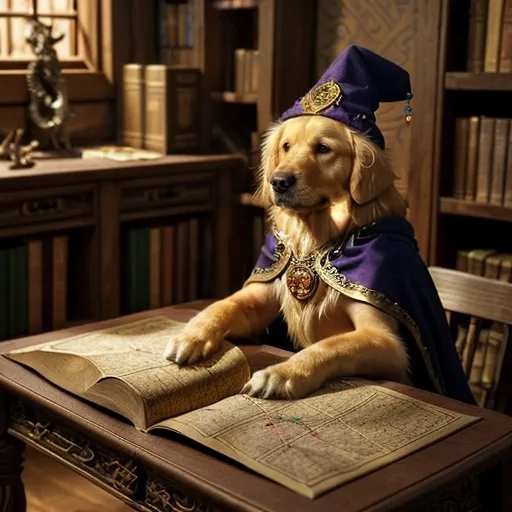 Prompt: A golden retriever dressed as a Dungeon Master, sitting behind a detailed wooden DM screen. The dog wears a small wizard's hat and a cloak, with a focused expression as it peers over the screen at an array of fantasy miniatures and dice spread across the table. The DM screen is adorned with intricate carvings of dragons and magical symbols. The setting is a cozy, dimly lit room with shelves filled with books, maps, and magical artifacts in the background. The golden retriever looks intelligent and engaged, ready to guide the players through an epic adventure