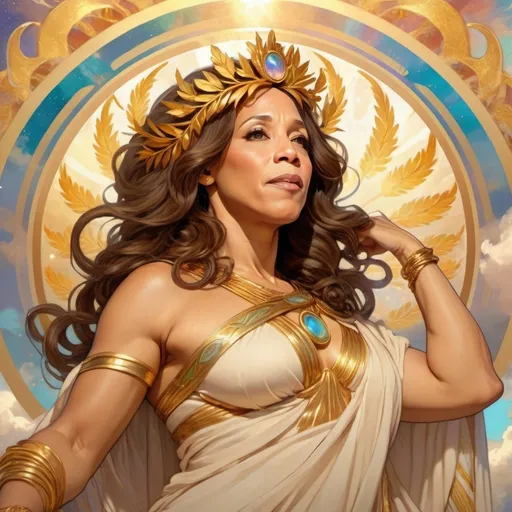 Prompt: (Kamala Harris as a Greek goddess), fantasy style, (vibrant colors), elegant flowing robes, intricate golden accessories, celestial motifs, ethereal aura, (magnificent golden laurel crown), dynamic pose, luminous background of skies with swirling clouds, enchanting brightness, mythological elements, captivating expression, (ultra-detailed, high quality).