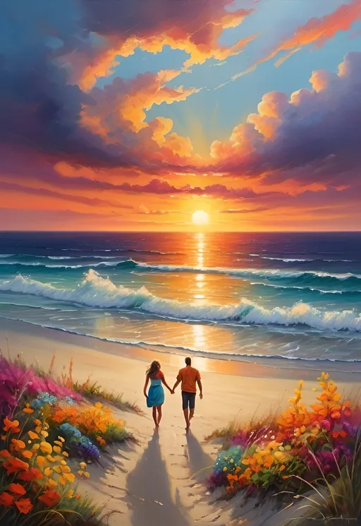 Prompt: vibrant sunset, dramatic clouds,vibrant color scheme, lively and whimsical atmosphere, ocean with waves, sand, wild plants and flowers on foreground, couple walking towards the shoreline, evoking emotion and depth, (ultra-detailed), splashes of complementary colors, radiant sunlight filtering through, harmonious composition, emphasis on light and movement.