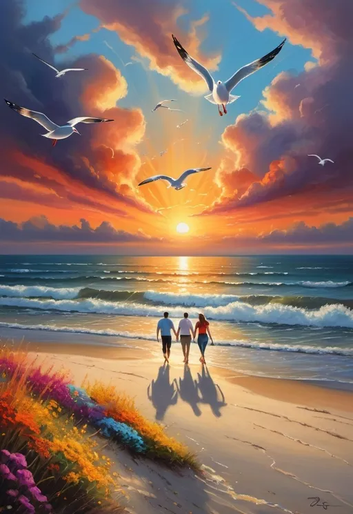 Prompt: vibrant sunset, dramatic clouds, dynamic clouds, seagulls flying, vibrant color scheme, lively and whimsical atmosphere, ocean with waves, sand, wild plants and flowers on foreground, couple walking towards the shoreline, evoking emotion and depth, (ultra-detailed), splashes of complementary colors, radiant sunlight filtering through, harmonious composition, emphasis on light and movement, hyper realistic