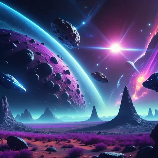 Prompt: (vibrant space scene), (mysterious asteroids floating), (intriguing UFOs zooming), (enigmatic aliens in the foreground), deep cosmic colors, rich purples and blues, twinkling stars in the background, ethereal glow, atmosphere full of intrigue and adventure, highly detailed, ultra-detailed, 4K quality.