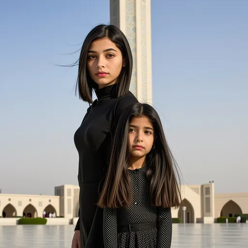 Prompt: Two girls next to the Azadi Tower. One of the girls is tall with short black hair and is eighteen years old and has brown eyes.  One of them, who is shorter in height, has very long hair up to the waist and has long black hair, who is thirteen years old and has brown eyes, both of which are very beautiful.