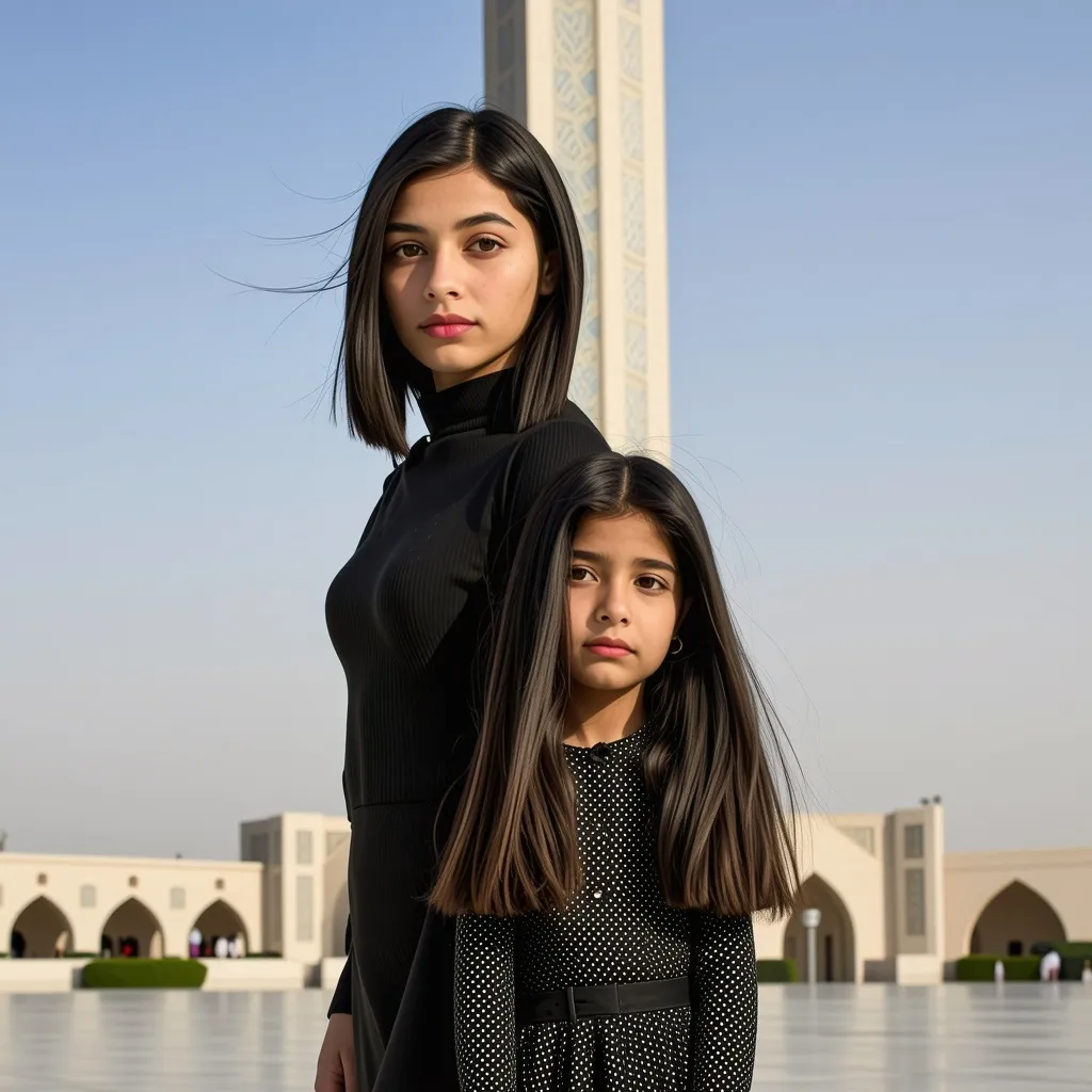 Prompt: Two girls next to the Azadi Tower. One of the girls is tall with short black hair and is eighteen years old and has brown eyes.  One of them, who is shorter in height, has very long hair up to the waist and has long black hair, who is thirteen years old and has brown eyes, both of which are very beautiful.