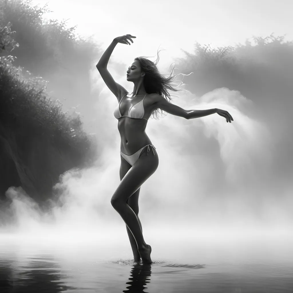 Prompt: draw me a ultra realistic art image of a model in swimsuit dancing in the mist. black and white color, panoramic, stable diffusion