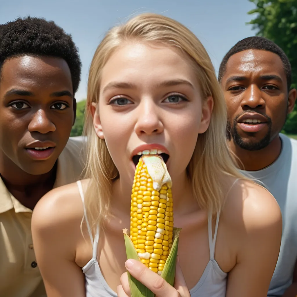 Prompt: Create a photorealistic image of a beautiful blonde girl eating a corn cob soaked in mayonnaise. Her chin is smeared with mayonnaise. The girl looks happy. In the background, three men of African descent are seen looking seriously