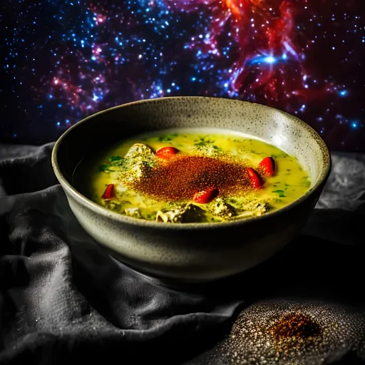 Prompt: Create an image that transforms Bulgarian tripe soup into a cosmic experience. The bowl is filled with a richness of textures and colors, and the fresh milk within creates the impression of a fluid galaxy.

Stars are replaced by chili seasoning and black pepper, shining like bright celestial bodies in the culinary sky. It appears that these stars weave into a culinary symphony, enveloping everything with the warm light of flavors.

In the swirling vortex of the soup, chunks of tripe are noticeable, floating like astronomical objects in the cosmic space. This imaginative landscape gives the traditional Bulgarian tripe soup a new, unique artistic appearance, evoking a sense of magic and a culinary journey beyond earthly boundaries.,phtotorealistic, hyper realistic, octane render, sharp, focused, detailed, intricate, f/2.8