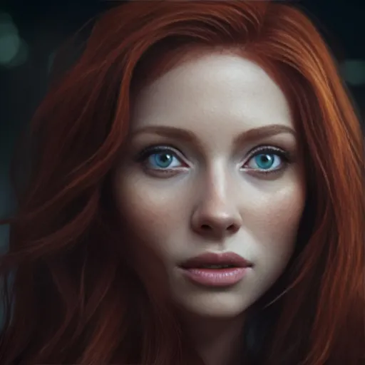 Prompt: beautiful women, 24-year-old, red hair, blue eyes, rubensian type, dark background, f/2.8, hyper realistic, photorealistic, octane render, sharp, focused, detailed, intricate
