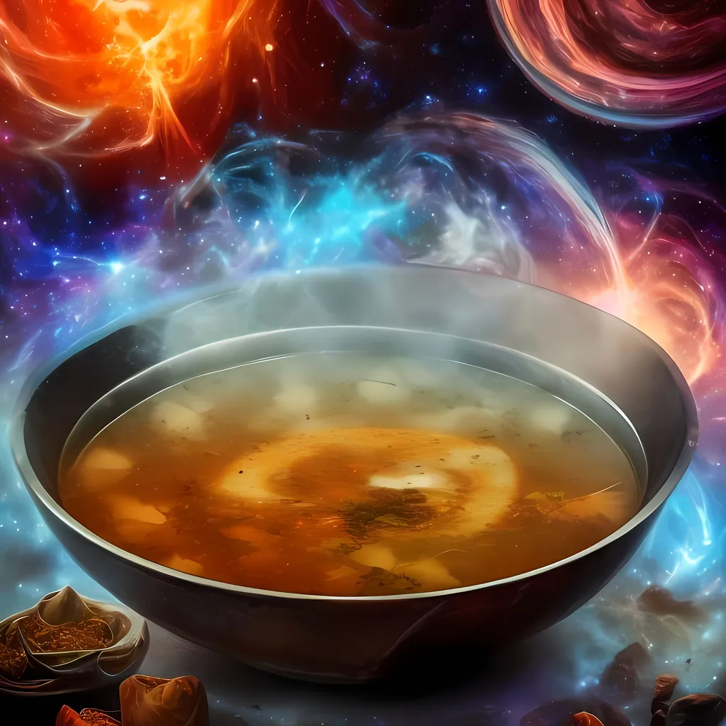 Prompt: Create an image that portrays Bulgarian tripe soup, transforming this traditional dish into a cosmic experience. The bowl is filled with a wealth of textures and colors, and the fresh milk within it gives the impression of a fluid galaxy.

Stars are replaced by chili seasoning and black pepper, shining like bright stars in the sky. It appears as though these stars are weaving into a culinary symphony, enveloping everything in the warm light of flavors.

In the swirling vortex of the soup, chunks of tripe are noticeable, floating like astronomical objects in the cosmic space. This imaginative landscape gives the traditional Bulgarian tripe soup a new, unique artistic look, evoking a sense of magic and a culinary journey beyond earthly boundaries,phtotorealistic, hyper realistic, octane render, sharp, focused, detailed, intricate, f/2.8