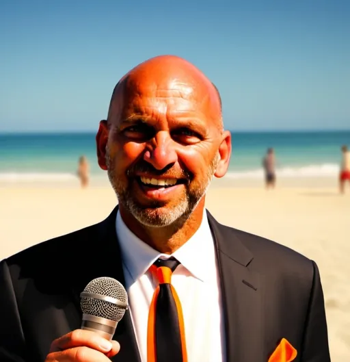 Prompt: Realistic illustration of a tanned aged man, bald, black suit jacket, wearing orange shorts, beach weather report, microphone in hand, sunny beach background, realistic style, professional lighting, detailed facial features, beach scenery, high quality, ultra-realistic, detailed clothing, professional artistry, natural lighting, show full body, talking to camera point of view 
