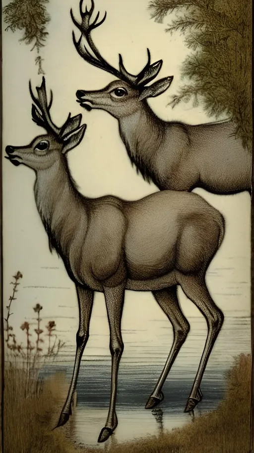 Prompt: Hurry, where by water
Among the trees
The delicate-stepping stag
And his lady sigh
They have looked
Upon their images