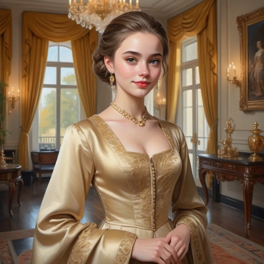 Prompt: A wealthy businessman's daughter in luxurious attire, confidently standing with a subtle smile, opulent mansion in the background, golden and regal color palette, high-quality portrait, oil painting, detailed facial features, elegant posture, luxurious attire, opulent mansion, regal colors, confident expression, detailed facial features, traditional oil painting, rich textures