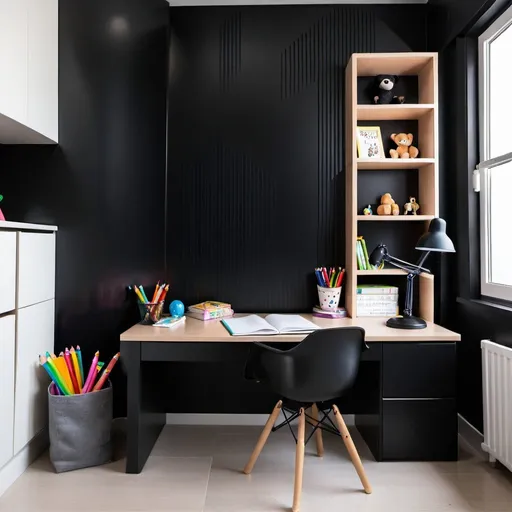 Prompt: a child study room  with completely black part on wall behind the desk
