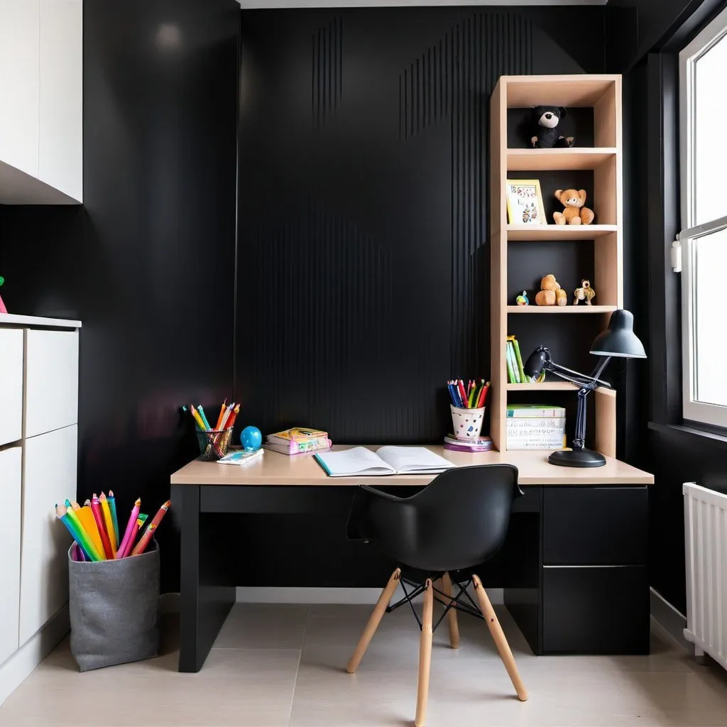 Prompt: a child study room  with completely black part on wall behind the desk
