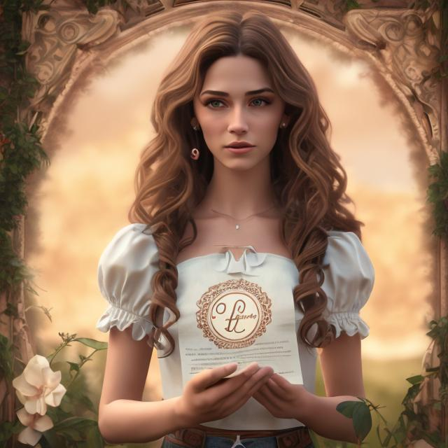 Prompt: a realistic feminine elegant latino women, HD, brown wavy hair shoulder length women wearing farm clouthing. And has a letter in her hands