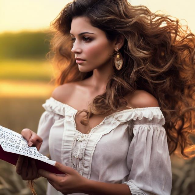 Prompt: realistic feminine elegant latino women, HD, brown wavy hair  wich is flowing in the wind .women wearing farm clothing. And has a letter in her hands