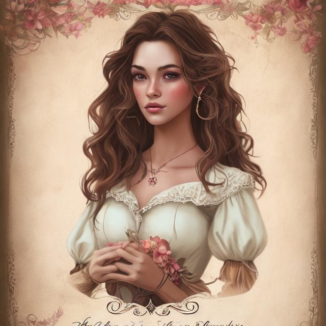 Prompt: a realistic feminine elegant latino women, HD, brown wavy hair shoulder length women wearing farm clouthing. And has a letter in her hands