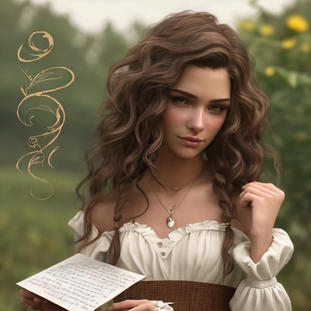 Prompt: a realistic feminine elegant latino women, HD, brown wavy hair shoulder length women wearing farm clouthing. And has a letter in her hands