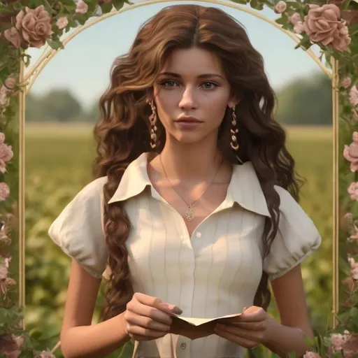 Prompt: a realistic feminine elegant latino women, HD, brown wavy hair shoulder length women wearing farm clouthing. And has a letter in her hands