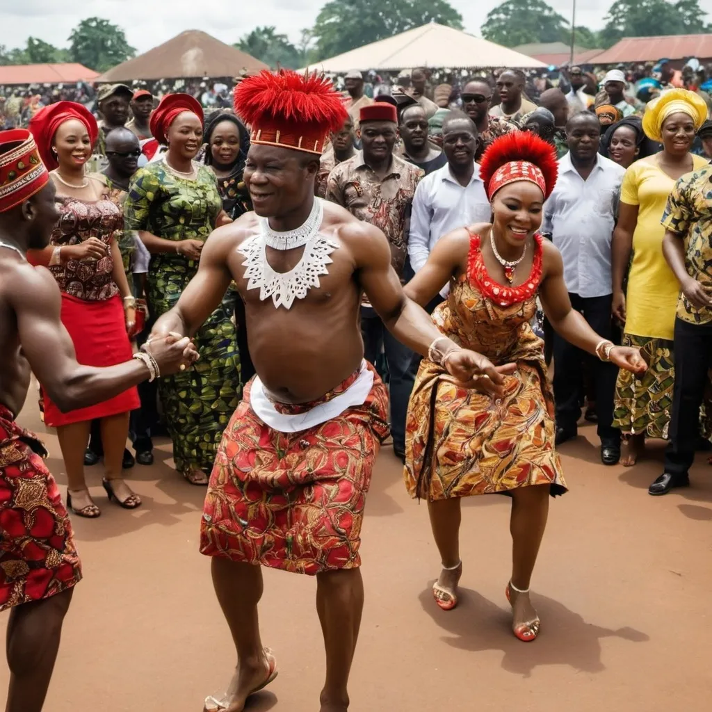 Prompt: dancers at a traditional wedding ceremony in igbo land nigeria. spectators surround them at the festival, cheering on