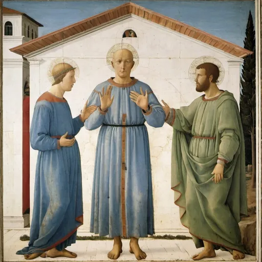 Prompt: come in un dipinto di piero della francesca uomini pudici che si toccano i genitali