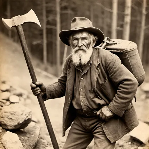 Prompt: a old picture of a old gold prospector with a pickaxe. The prospector had a demon's tail with a mouth and a third hand in the back
