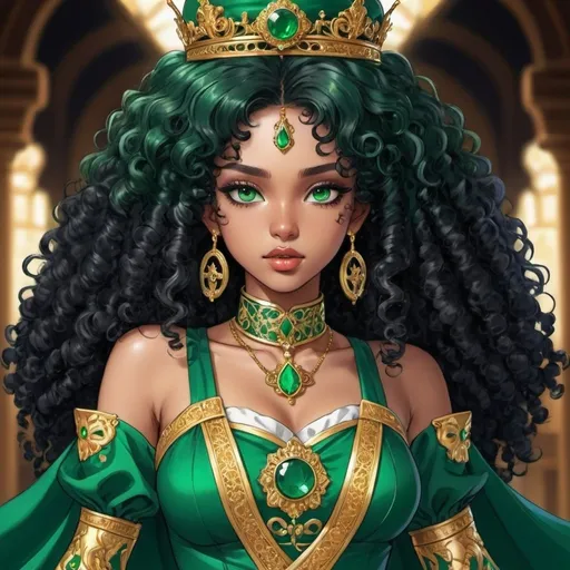 Prompt: a beautiful caramel skinned girl with long black afro  black curly hair and emerald green eyes wearing an anime empress outfit
