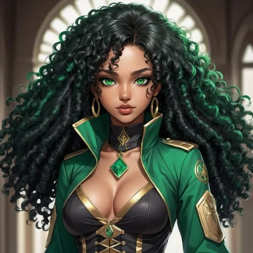 Prompt: a beautiful caramel skinned girl with long black afro  black curly hair and emerald green eyes wearing an anime assasin outfit