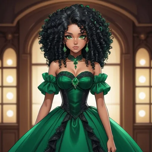 Prompt: a beautiful caramel skinned girl with long black afro  black curly hair and emerald green eyes wearing an black anime ball gown