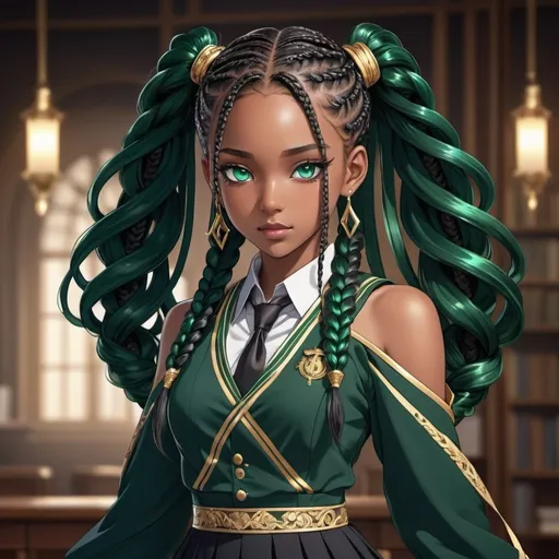 Prompt: Beautiful anime character in an expensive black school uniform, with long goddess braids, emerald eyes, detailed facial features, high-quality animation, elegant design, regal aura, luxurious black fabric, detailed braids with lustrous shine, emerald eyes with captivating sparkle, professional anime style, rich color tones, exquisite lighting