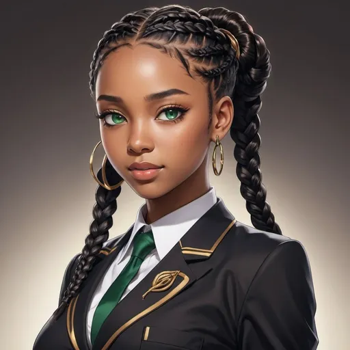 Prompt: High-res, detailed anime illustration of an elegant, black caramel woman in a luxurious black school uniform, emerald eyes, goddess braids, sophisticated, professional, detailed facial features, sleek design, stunning lighting, anime, beautiful, exquisite, elegant, detailed eyes, luxurious outfit, goddess braids, emerald eyes, best quality