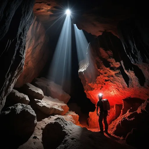 Prompt: Dark cave profile with stalactites, caving gear, red laser beam, rock climbing, underground exploration, highres, detailed, realistic, adventurous, cave painting, dramatic lighting, intense shadows, underground adventure, spelunking, pointed laser, geological formation, professional equipment, rugged terrain, exploratory expedition, detailed rock textures, cave explorer, dramatic atmosphere, low-key lighting, atmospheric exploration, dynamic composition, intense focus, geological wonders, deep exploration
