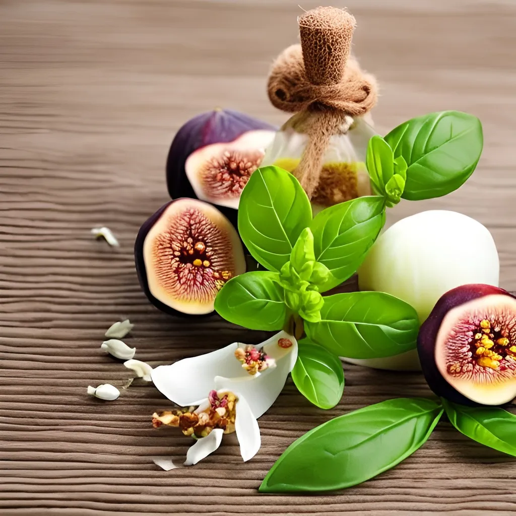 Prompt: Creative photo of perfume scent for white tea,white musk,fig,neroli,jasmine,ozonic,basil