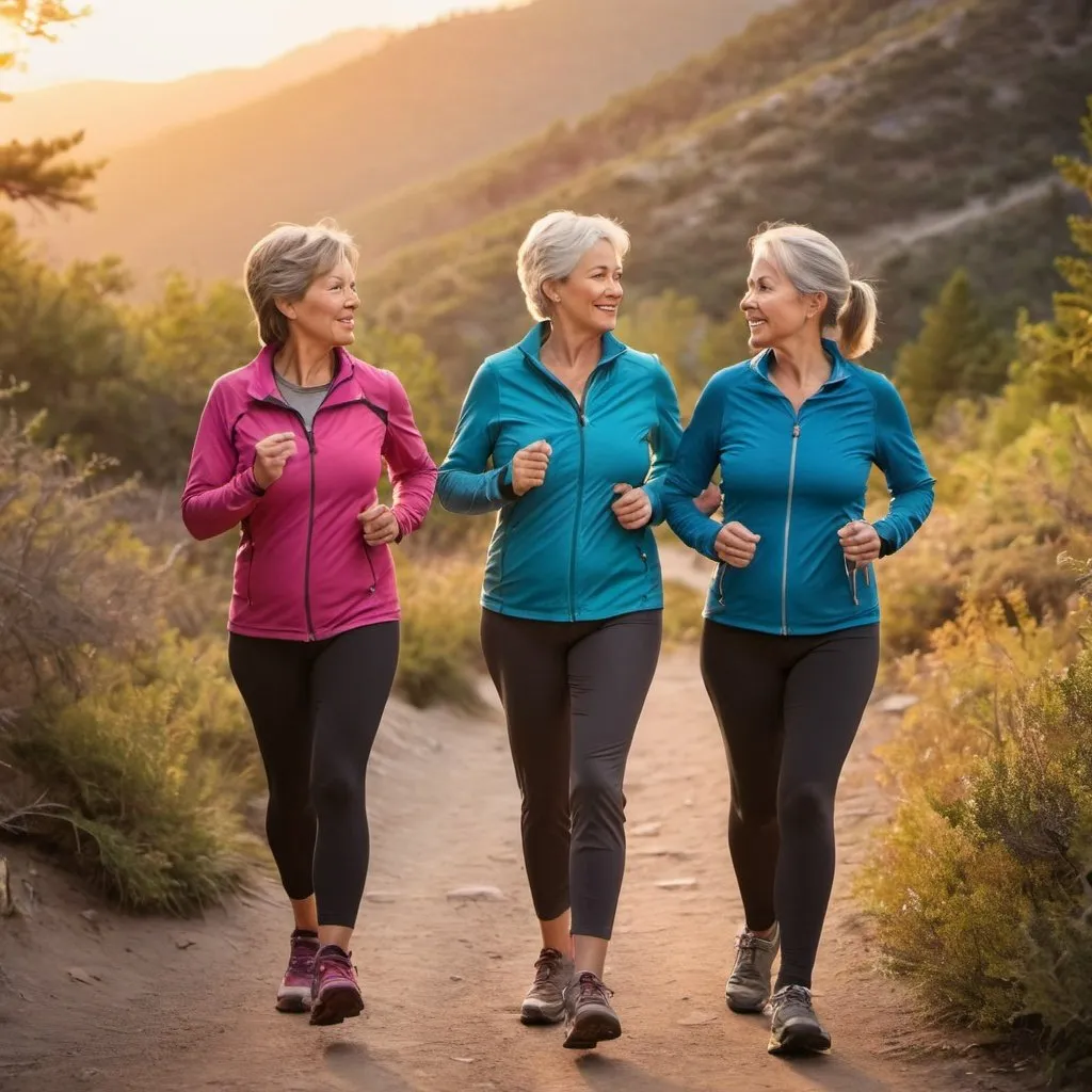 Prompt: Two middle aged women in great shape taking a brisk walk on a hiking trail at sunset