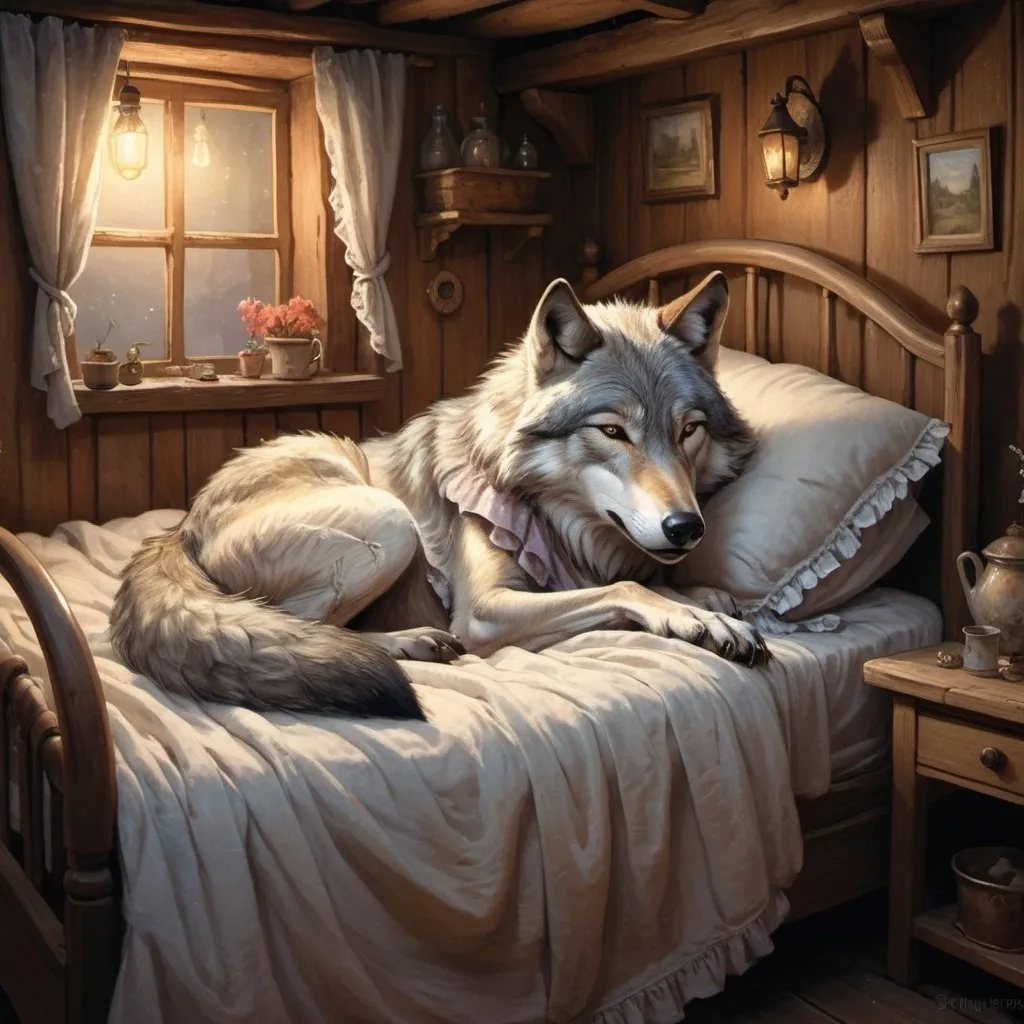 Prompt: A grey wolf wearing old woman's night dress with frilly cap, sleeping alone, tucked up to neck under sheets, in a cozy bed inside a rustic house, high quality, detailed painting, fairy tale, cozy atmosphere, warm tones, detailed fur, whimsical, storybook illustration, dreamy lighting